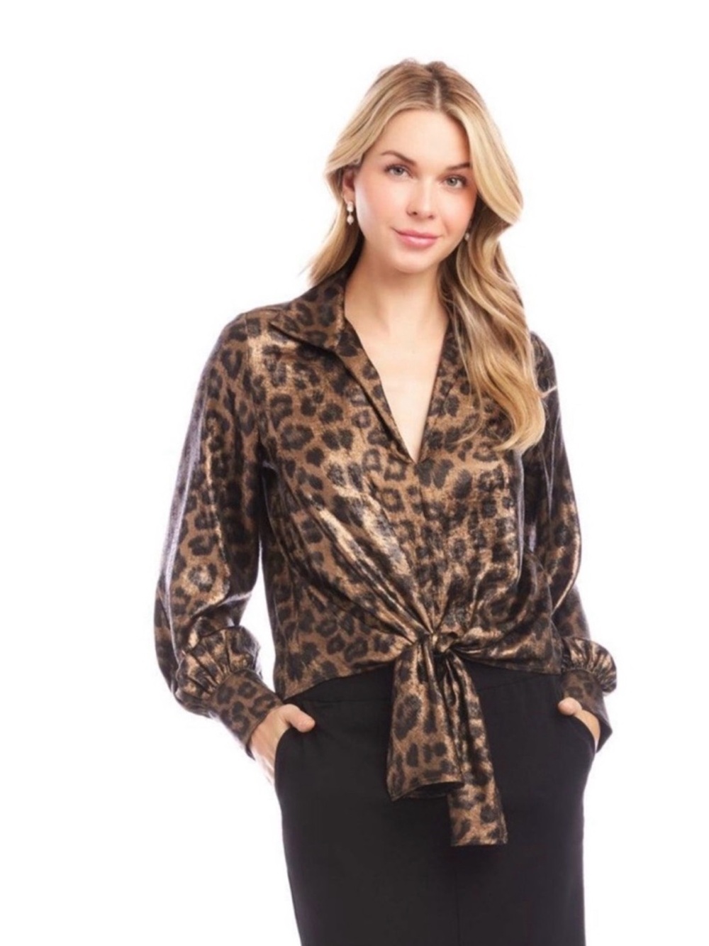 Karen Kane Leopard Tie-Front Blouse - Brown/Black